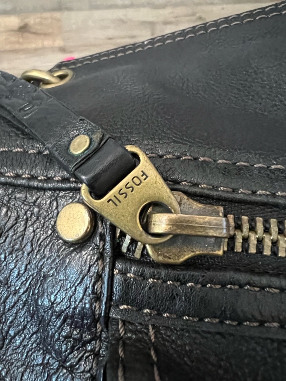 Fossil Black Leather Crossbody with Brass Hardware - Picture 9 of 11